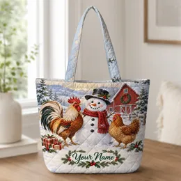Christmas Hens and Snowman Farmhouse Scene for Winter Holiday Gifting Quilted Tote Bag