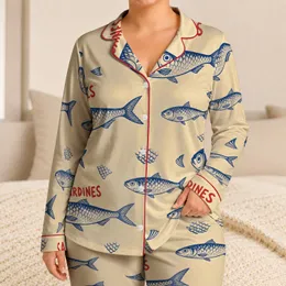 Vintage Sardines Red Lettering Coastal Fish Motif For Relaxed Lounging And Parties Satin Pajamas Set
