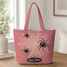 Pink Spiderweb And Black Spiders For Halloween Parties And Spooky Season Gifts Quilted Tote Bag