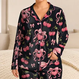 Cherry Bow Heart Motifs for Romantic Lounge Days and Sweet Gift Giving for Children Satin Pajamas Set