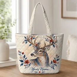 Botanical Deer with Red White Blue Antlers for Nature Lovers and Woodland Outings Quilted Tote Bag