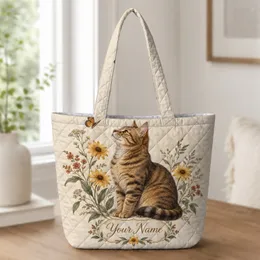 Tabby Cat and Wildflowers for Cozy Country Cottage Living, Gift for Cat Lovers Quilted Tote Bag