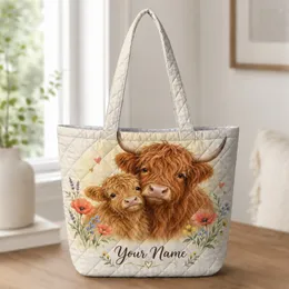 Highland Cow Couple With Wildflowers for Anniversary Gift for Couples and Her Farmhouse Quilted Tote Bag