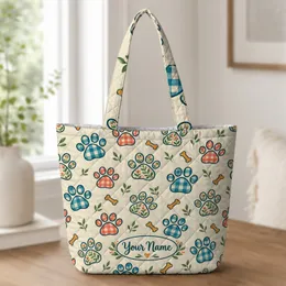Colorful Paw Prints and Botanical Leaves for Pet Lovers, Everyday Dog Mom Lifestyle Quilted Tote Bag