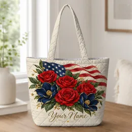 Red Rose and Navy Starry Stripes for Fourth of July Celebrations and Gifts for Women Quilted Tote Bag