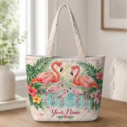 Pink Flamingo Family and Tropical Flowers for Beach Days and Garden Lovers Quilted Tote Bag