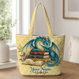 Teal Dragon Reading Beside Storybooks for Cozy Reading Days and Fantasy Lover Gifts Quilted Tote Bag