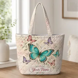 Turquoise Butterfly and Pastel Garden Blooms for Summer Nature Lovers Quilted Tote Bag