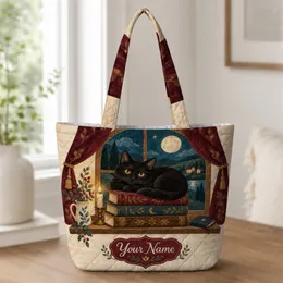 Black Cat by Moonlit Window for Cozy Book Lovers and Cat Moms, Autumn Evening Gift Quilted Tote Bag