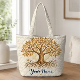 Golden Tree Of Life With Daisy Accents For Spiritual Gifts And Nature Lovers Year Round Quilted Tote Bag