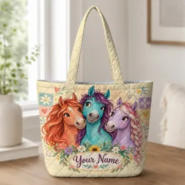 Colorful Trio of Cartoon Horses for Equestrian Lovers and Horse-Themed Gifts Quilted Tote Bag