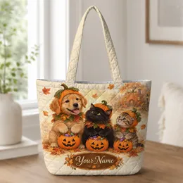 Pumpkin Trick Or Treat Cats And Dogs For Halloween Pet Lovers Quilted Tote Bag