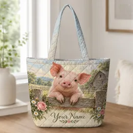 Blush Farm Pig and Country Roses for Cottagecore Farmhouse Gifts and Springtime Living Quilted Tote Bag
