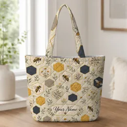 Golden Honeybees and Honeycomb Motifs for Garden Days and Nature-Loving Gifts for Her Quilted Tote Bag