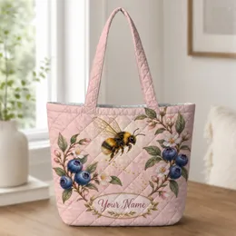 Blueberry Blossom Bee And Pink Botanicals For Garden Lovers And Nature Enthusiasts Quilted Tote Bag