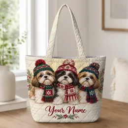 Three Shih Tzus in Knit Hats and Scarves for a Cozy Christmas Gift Quilted Tote Bag