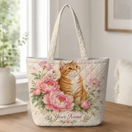 Ginger Tabby Cat Among Pink Peonies for Garden Days, Gifts for Cat-Loving Nature Fans Quilted Tote Bag