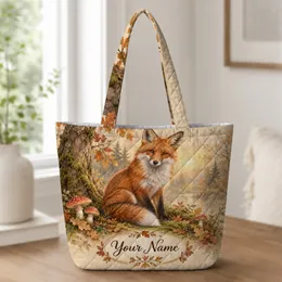 Autumn Red Fox and Woodland Mushrooms for Cozy Fall Nature Lovers Quilted Tote Bag