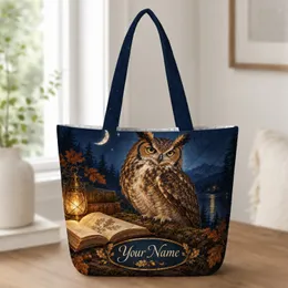 Moonlit Owl, Antique Books and Lantern for Cozy Autumn Reading Nights Quilted Tote Bag