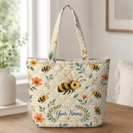 Cartoon Bees and Botanical Blooms for Spring Garden Lovers and Nature Fans Gift Ideas Quilted Tote Bag