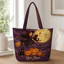 Flying Witch, Smiling Moon, Black Cats And Pumpkins For Halloween Night Quilted Tote Bag