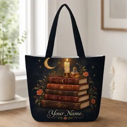 Gothic Books Candle and Crescent Moon for Witchy Readers and Halloween Book Lovers Quilted Tote Bag