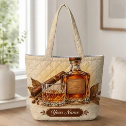 Vintage Whiskey Bottle, Cigar & Tumbler for Rustic Cabin Nights and Bourbon Lovers Quilted Tote Bag