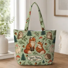 Woodland Fox Owl Rabbit and Mushroom Motifs for Cozy Autumn Nature Gift Giving Fans Quilted Tote Bag