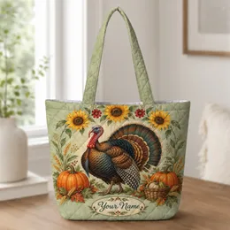 Autumn Turkey, Pumpkins And Sunflowers For Thanksgiving Gatherings And Harvest Season Quilted Tote Bag