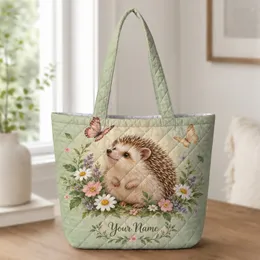Hedgehog and Butterflies in a Cottage Garden for Cozy Woodland Nursery and Nature Quilted Tote Bag