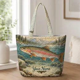 Rainbow Trout Fly Fishing River Scene for Rustic Cabin Lodge Adventures and Anglers Quilted Tote Bag