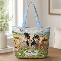 Three Calves in Wildflower Meadow with Butterflies for Spring Farmhouse Gift Lovers Quilted Tote Bag