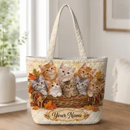 Autumn Kittens in a Woven Basket for Cozy Fall Cat Lovers and Seasonal Gift Giving Quilted Tote Bag