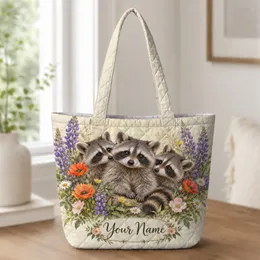 Three Raccoons Among Wildflowers for Woodland Nature Lovers and Spring Garden Days Quilted Tote Bag
