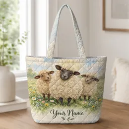 Three Woolly Sheep in a Spring Meadow for Farmhouse Days and Lamb Lovers Quilted Tote Bag