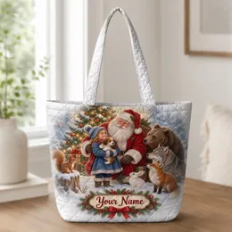 Santa and Woodland Animals Christmas Scene for Cozy Holiday Gifting and Winter Outings Quilted Tote Bag