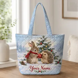 Woodland Rabbit and Hedgehog Christmas Cheer for Cozy Winter Holiday Gift Giving Quilted Tote Bag