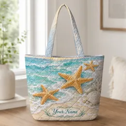 Golden Starfish and Turquoise Waves for Sunny Coastal Summer Getaways Quilted Tote Bag