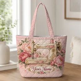 Vintage Sewing Machine and Pink Peonies for Creative Seamstresses and Craft Lovers Quilted Tote Bag