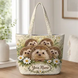 Woodland Hedgehog Family with Daisies for Cozy Laundry Day and Kids Room Decor Quilted Tote Bag