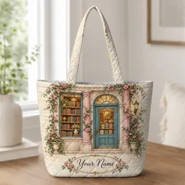 Vintage Bookshop Facade With Roses for Cozy Reading Days and Librarian Gifts for Book Lovers Quilted Tote Bag