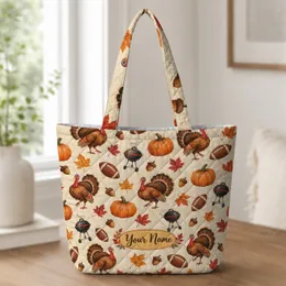 Turkey Pumpkin Football Autumn Holiday Gift for Thanksgiving Family Gatherings and Friends Quilted Tote Bag