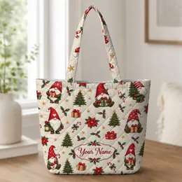 Christmas Gnome Holly And Evergreen Motifs For Festive Holiday Gift Giving For Her Quilted Tote Bag