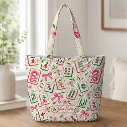 Mahjong Tiles, Pink Dragons and Bamboo for Cozy Game Night Gifts for Mahjong Lovers Quilted Tote Bag