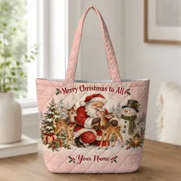 Vintage Santa Deer Snowman Christmas Scene for Holiday Cheer and Festive Giving for Her Quilted Tote Bag