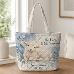 Blue Floral Lamb And Shepherd Verse Gift For Christian Women Of Faith And Easter Quilted Tote Bag