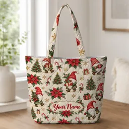 Christmas Gnomes, Poinsettias and Evergreen Trees for Cozy Holiday Gifting for Her Quilted Tote Bag