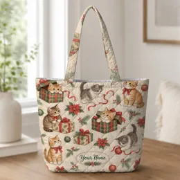 Festive Christmas Cats with Gift Boxes for Holiday Cheer and Cozy Cat Lover Style Quilted Tote Bag
