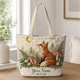 Woodland Fox and Moonlit Mushrooms for Cottagecore Nature Lovers and Gifts Quilted Tote Bag