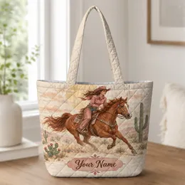 Galloping Horse and Cowgirl Desert Scene for Western Ranch Style Horse Lovers Quilted Tote Bag